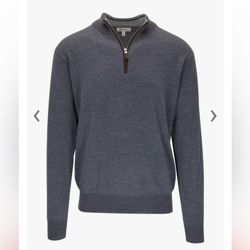 PETER MILLAR Gray Leather Trim Quarter-Zip Merino Wool Pullover Sweater‎